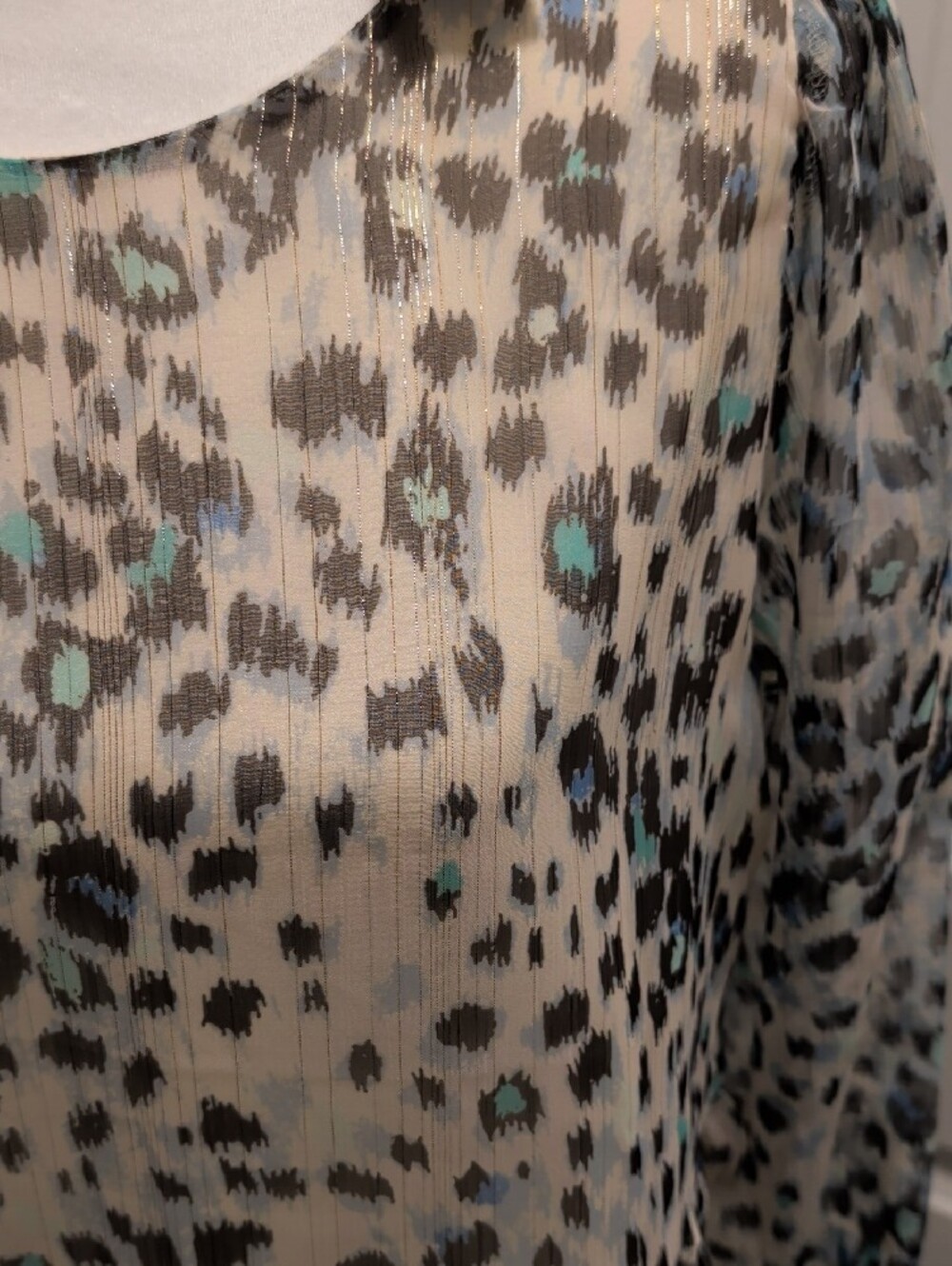 LOFT- Size M Ivory Leopard Print Tiered Long Sleeve Dress with Aqua Accents NWT - Picture 3 of 15